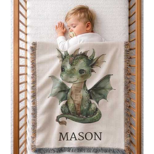 Personalized Green Dragon Woven Baby Blanket, Fantasy Creature Throw, Fairytale Dragon Nursery Decor, Mythical Baby Shower Gift for Boys,
