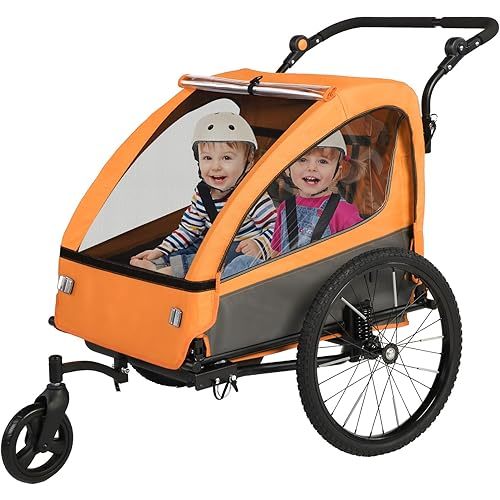 Sepnine 2-in-1 Kids Bike Trailer and Stroller with Suspension – Bike Trailer for 1 to 2 Children, Jogging Function, Foldable, 5-Point Harness, Spacious Storage, with Bug Screen and Weather Shield