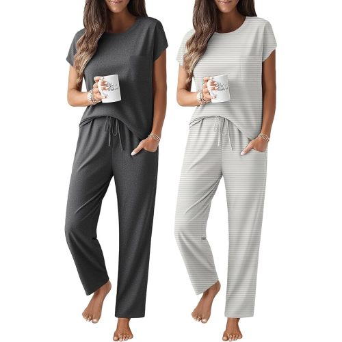Ekouaer 2 Packs Pajamas for Women Set Cap Sleeve Top and Pants Soft Sleepwear Comfy Pjs Set with Pockets Lounge Set