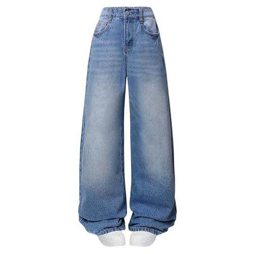 Fulihug Jeans for Girls Baggy Wide Leg Cute Bow High Elastic Waisted Denim Pants Y2K Boyfriend Skater Streetwear 7-14Y