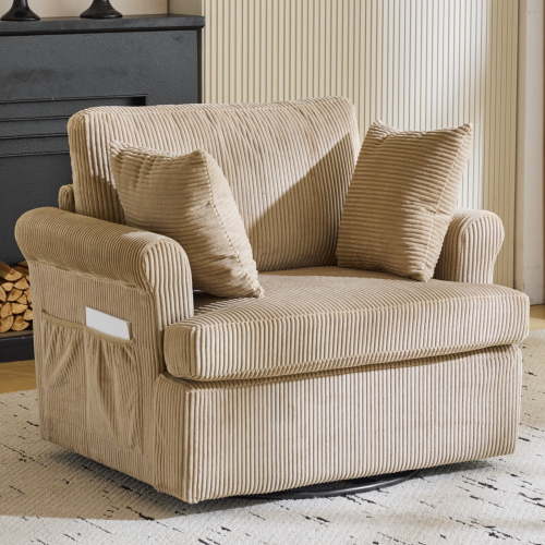 Ktaxon Swivel Accent Chair, 360-Degree Rotation Reading Chair, Corduroy Fabric Sofa with Armrest Pockets, Solid Metal Base, Perfect for Living Room Bedroom Khaki