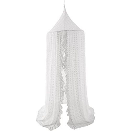 Wonder Space Elegant Kids Bed Canopy - Lace Chiffon Netting with Pom Pom, Princess Girls Fairy Dream Tent, Nursery Room Baby Crib Hanging Curtain Mosquito Net Children Reading Nook Decoration (White)