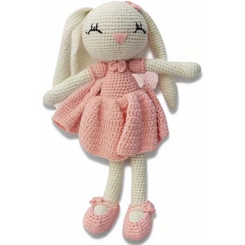 Knitted Stuffed Animal for Baby, Lop Eared Rabbit, Pink Dress Crochet Rabbit Baby Toys, Rattle Bunny Sleeping Toy for 3 4 5 Year Old Girl(10.6 Inches)