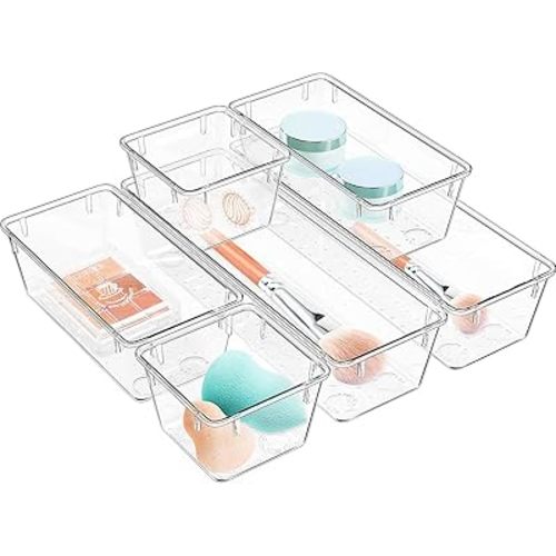 WOWBOX 6 Pack Clear Drawer Organizer Set, Acrylic Drawer Storage Trays, Storage Bins for Makeup, Cosmetics, Jewelries, Utensils, Gadgets, Office