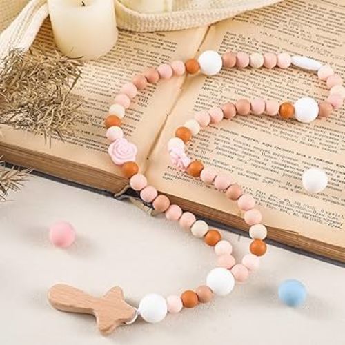 Misdary Baby Rosary Baptism Gift Silicone God Bless Kids First Rosary with Cross 1st Year Baptism Party Supply for Baby Shower Christian Communion Gifts (Pink,Flowers)