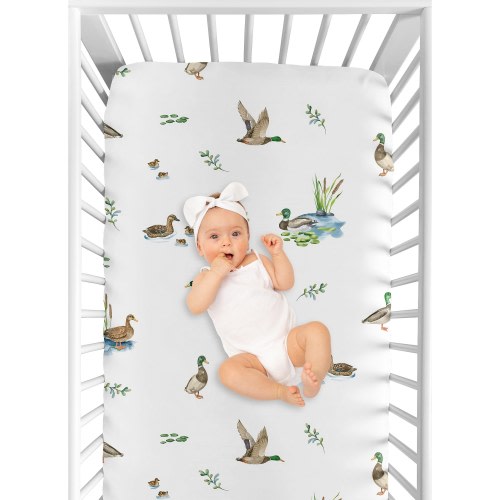 Sweet Jojo Designs Mallard Duck Cottagecore Boy, Girl, Unisex/Gender Neutral Fitted Crib Sheet - Watercolor, Ducks, Nature, Pond