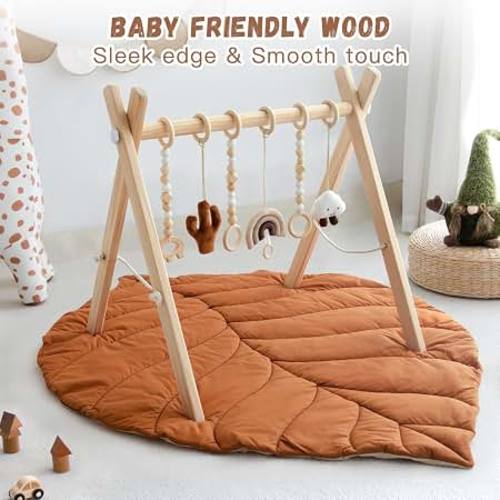 Amazon.com: Wooden Baby Play Gym, Leaf Shaped Mat Baby Foldable Gym with 6 Hanging Toys | Baby Activity Mat with 6 Sensory Toys Foldable Baby Gym Newborn Infant Baby Use, Brown, Easy & Quick Assembly and Folding