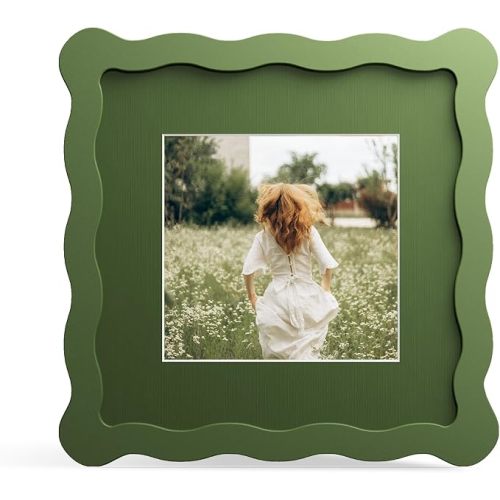 6x6 Picture Frame with Mat for 4x4, Wavy Edge Wooden Real Glass Photo Frame for Tabletop and Wall Hanging, Green, 1 Pack