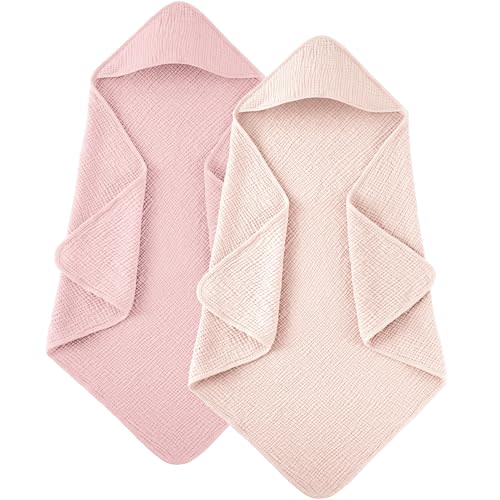 Susurration Hooded Baby Towels for Newborn 2 Pack 100% Muslin Cotton Towel for Babies,Highly Absorbent and Newborn Essential (Pink)