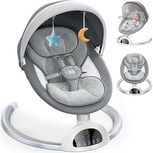 GAEZAP Electric Baby Swing for Infants, Portable Infant Swing with Music Speaker, 5 Swing Speeds, Remote Control, for Indoor Use, Newborn Boys & Girls, White