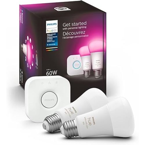 Philips Hue Smart Light Bulbs Starter Kit, 1 Bridge + 2 60W A19 Bulbs