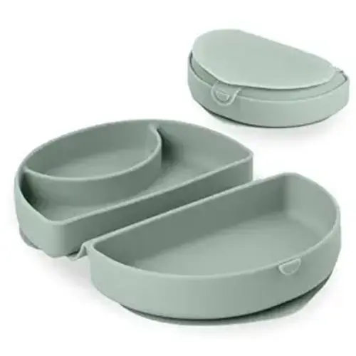 Miniware Fold & Scoop Baby Feeding Set - Silicone Travel Baby Plate With Suction & Baby Spoon - Compact, Portable, Dishwasher-Safe, Suction Base for Mess-Free Eating (Aquamarine and Aqua)
