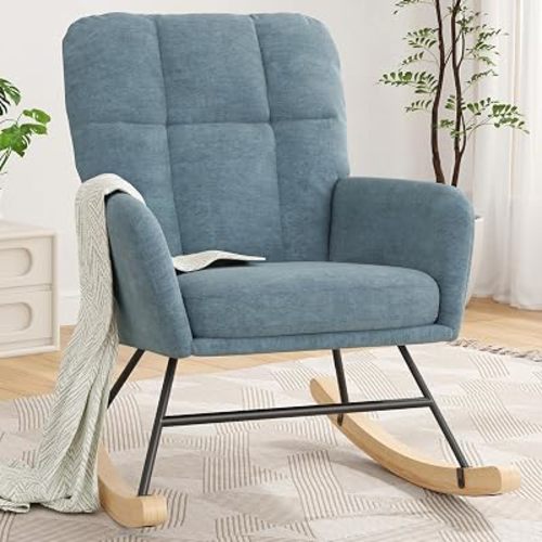 Nursery Rocking Chair, Upholstered Glider Rocker, Blue