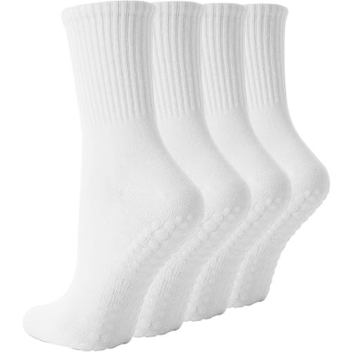 4 Pairs Pilates Socks with Grips for Women, Non Slip Yoga Athletic Ballet Barre Dance Workout Crew Socks