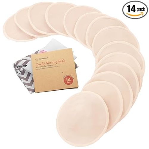 Organic Nursing Pads - 14 Washable Breast Pads for Breastfeeding, Wash Bag, Viscose Derived from Bamboo Reusable Nipple Covers for Breastfeeding Essentials, Soft & Absorbent (Bare Beige, L 5")