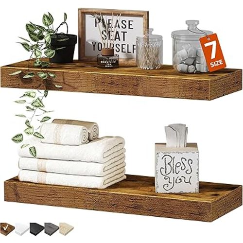 QEEIG Bathroom Floating Shelves for Wall - 15.7" Wall Mounted Shelf Over Toilet Farmhouse Home Decor Display Bookshelf Small 15.7 x 6.7 inch Set of 2, Rustic Brown (008-40BN)