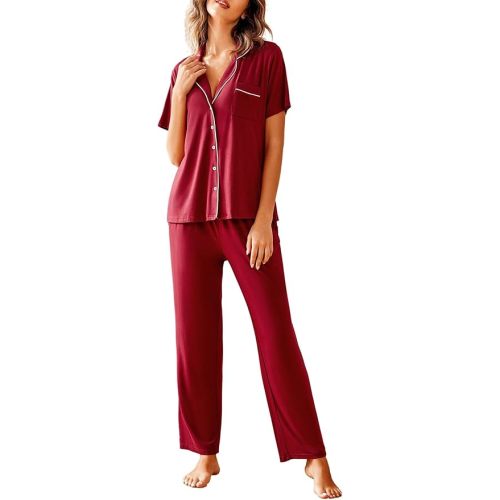 Avidlove Women Pajamas Set Notch Collar Soft Sleepwear Pjs Short Sleeve Button Down Nightwear with Long Pants