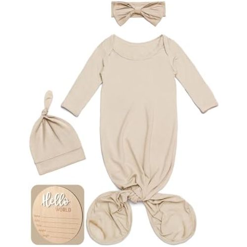 Newborn Knotted Gown Baby Girl Boy Sleepers, Coming Home Outfit 0-3 Months, Soft Nightgown Clothes with Hello World Sign