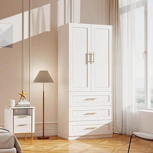White Wardrobe with 2 Doors: 75" Tall Armoire Wardrobe Closet with 3 Drawers, Bedroom Armoires for Hanging Clothes, Wooden Closet Storage Cabinet with Shelves (Modern, 1)