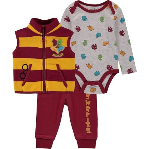 Harry Potter Baby Boys Clothing 3-Piece Set with Bodysuit, Pants, and Fleece Vest - Baby Boy Clothes (Grey/Red/Yellow, 18M)