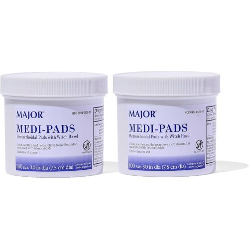 MAJOR Medi-Pads - Hemorrhoidal Hygienic Cleansing Witch Hazel Pads - Cooling Relief with Aloe - 100 Count Jar (2 Pack)