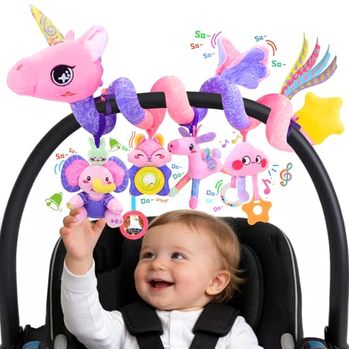 Musical Car Seat Toy for Babies 0-12 Months Girl, 5-in-1 Sensory Activity Hanging Toy Stroller Toy with Soothing Music, Rattle, Mirror for Newborn Infants Essential Gifts, Unicorn