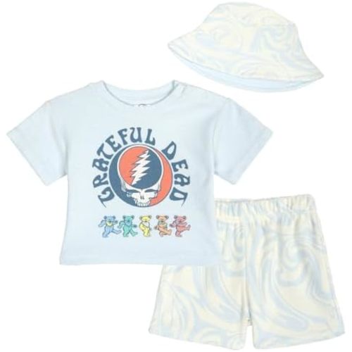 Grateful Dead Loop Terry T-Shirt, Shorts and Bucket Sun Hat 3 Piece Outfit Set Newborn to Little Kid Sizes (0-3 Months - 5)