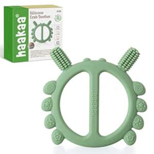 Haakaa Silicone Crab Baby Teether,Teething Toys,360° Baby Toothbrush Head for Infant Self-Brushing Training,Food-Grade Silicone,Pea Green