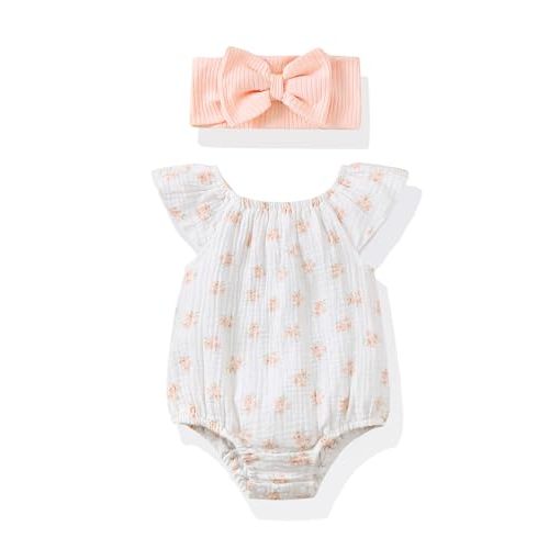 Renotemy Preemie Newborn Baby Girl Clothes Infant Cotton Linen Romper Summer Outfit for Girls Ruffle Sleeve Bodysuit Jumpsuit