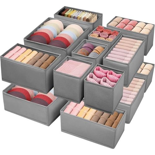 Drawer Clothing Organizer 16-Pack, Grey 3 Sizes Underwear Drawer Dividers, Fabric Folding Wardrobe Organizer for Baby Clothes, Bras, Underwear, Underpants, Belts, Socks, Ties, etc.