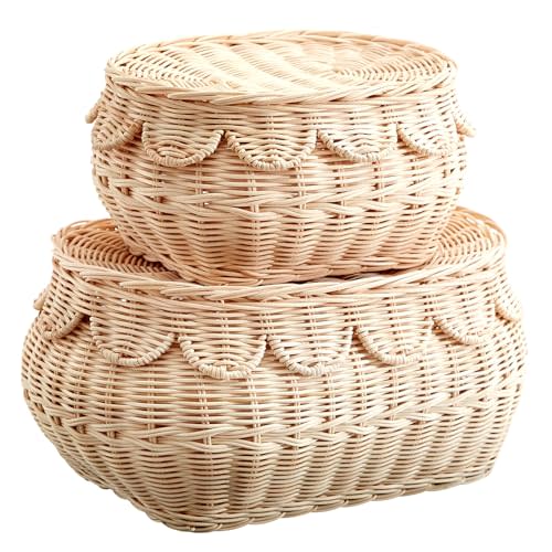 Small scalloped basket Set, Hand woven rattan basket with lid, scallop tray, Storage wicker baskets for gifts, diaper organizer baskets, 14.5x10x6 in(Natural)