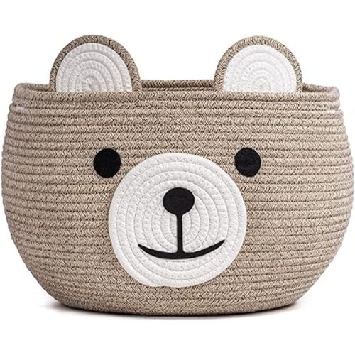 CherryNow Baby Basket for Nursery, Bear Gift Baskets for Kids, Baby Shower Basket with Handles, Small Cute Animal Baskets, Light Brown, 15.7" D x 10.5" H