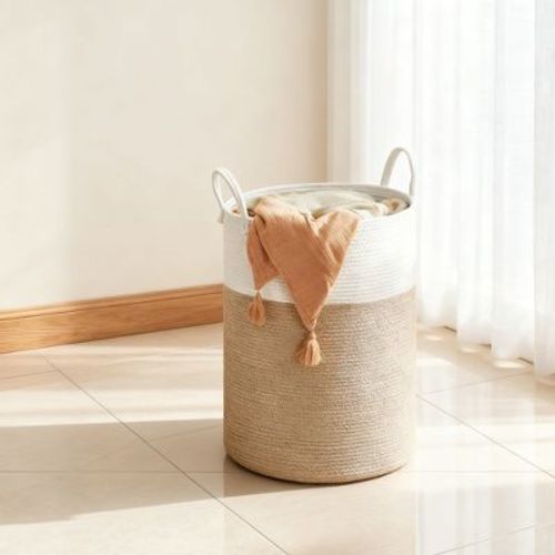 Cotton Rope Laundry Basket, 21.1 Gal Natural Fiber Hamper with Handles, for Kids' Toys Clothing Bedroom Living Room, White & Grayish Brown
