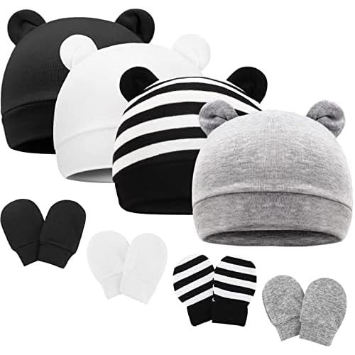 Newborn Baby Hat and Mittens Set Bear Ears Toddler Infant Beanie Caps Newborn Hospital Hat for Baby Boy Girl 0-3 Months