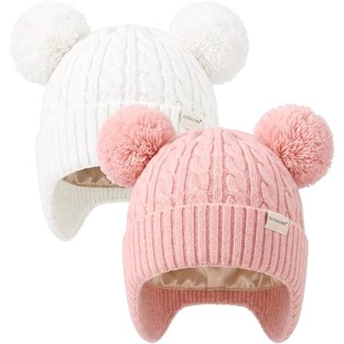 2 Pack Baby Beanie Stain Lined Winter Hat with Earflaps Toddler Kids Girls Boys Knit Pompom Caps Warm