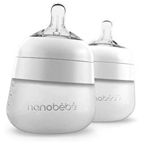 Nanobébé Flexy Silicone Baby Bottle, Anti-Colic, Natural Feel, Non-Collapsing Nipple, Non-Tip Stable Base, Easy to Clean 2-Pack, White, 5 oz