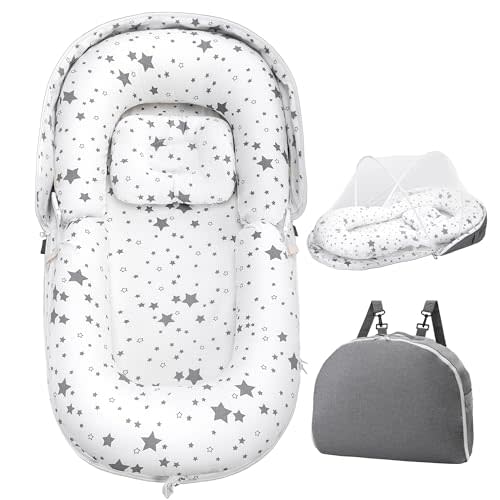 AmazingLife Baby Lounger, Newborn Lounger with Mosquito Net, Converts to a Backpack for Easy Carrying, Gifts for Babies Aged 0-12 Months, Star