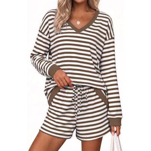 Ekouaer Womens Lounge Sets 2 Piece Long Sleeve Casual Striped Matching Set