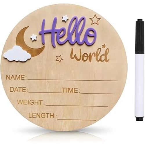 Baby Announcement Sign, 5.9 Inch Wooden Hello World Newborn Signs, Birth Announcement Sign and Pen, Moon and White Cloud Decoration, Welcome Newborn Arrival to World, Hospital Nursery for baby (Purple)
