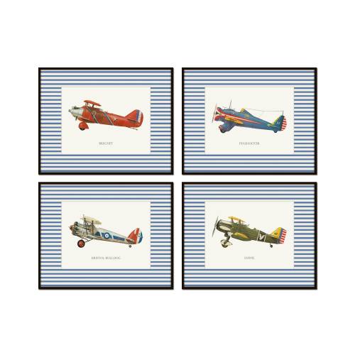 Vintage Airplane Art Prints with Blue Striped Border, Vintage Plane Art, Home Decor, Wall Art, Gift for Him, Boys Room Art, Nursery Art
