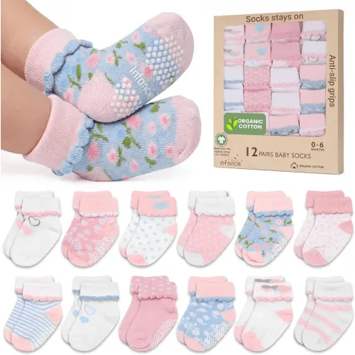 GOTS Certified Organic Cotton Rich Blend Baby Socks 12 Pairs For 0 - 6 (M) Baby Girl Soft, Stretchable & Comfortable Girl newborn Socks, Adorable Sock Shoes For Baby Girl, Gift For Little, Pink