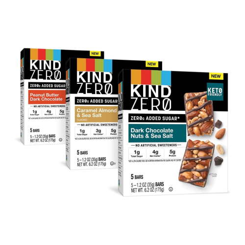 KIND ZERO Added Sugar Bars, Variety Pack, Dark Chocolate Nuts and Sea Salt, Peanut Butter, Caramel Almond, Keto Friendly Snacks, 15 Count