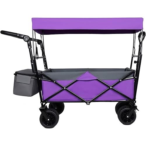 480 LBS Heavy-Duty Folding Utility Wagon with Canopy - 7" All-Terrain Wheels, Adjustable Handle, Lightweight Design for Camping, Shopping & Gardening (Purple)