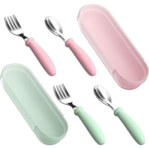 Toddler Utensils, Kids Stainless Steel Silverware Set, Toddler Forks and Spoons, Baby Utensils Set with Storage Box for Self Feeding Safe, Dishwasher Safe (2 Set with Case)