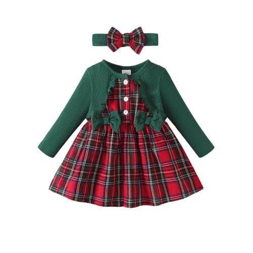 Renotemy Baby Girl Dress Fall Button Bow Outfits Toddler Clothes 3M-3T | Baby Girl Fall Outfits, Spring Long Sleeve Dresses, Toddler Girls Button Bow Clothes with Headband, Birthday Party Gifts