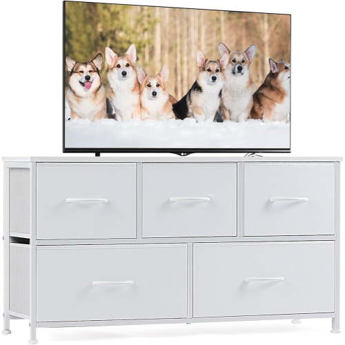 Spfour Dresser for Bedroom with 5 Drawers, Wide Chest of Drawers, Fabric Dresser, Storage Organization Unit with Fabric Bins for Closet, Living Room, Hallway, White