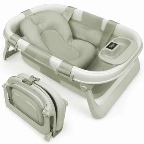 Jool Baby Fold ‘n Store Baby Bathtub – 3 Stage Collapsible Bather for Easy Storage, Portable for Travel – Built-in Thermometer (Sage)