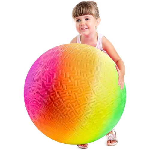 Bedwina 18 Inch Rainbow Playground Ball for Kids (Pack of 1 or 2) Jumbo Size Rainbow Inflatable Big Bouncy Kickball for Park, Giant Balls for Indoor and Outdoor Games with Hand Pump