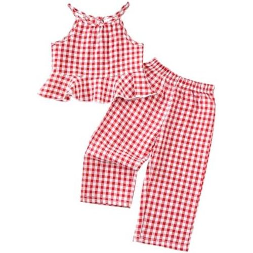 Kucnuzki Baby Girl Clothes Toddler Girl Summer Outfits Sleeveless Ruffle Halter Tops Wide Leg Pants Kids Clothing Set