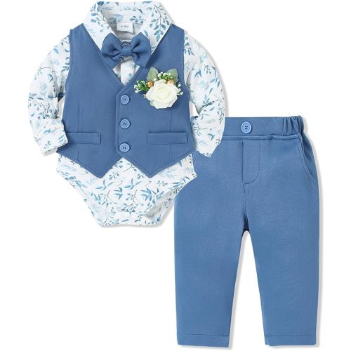 SANMIO Baby Boy Clothes Suits Infant Gentleman Outfit Collared Dress Shirt+Vest+Tie+Corsage+Pants 5Pcs Baby Suit Sets